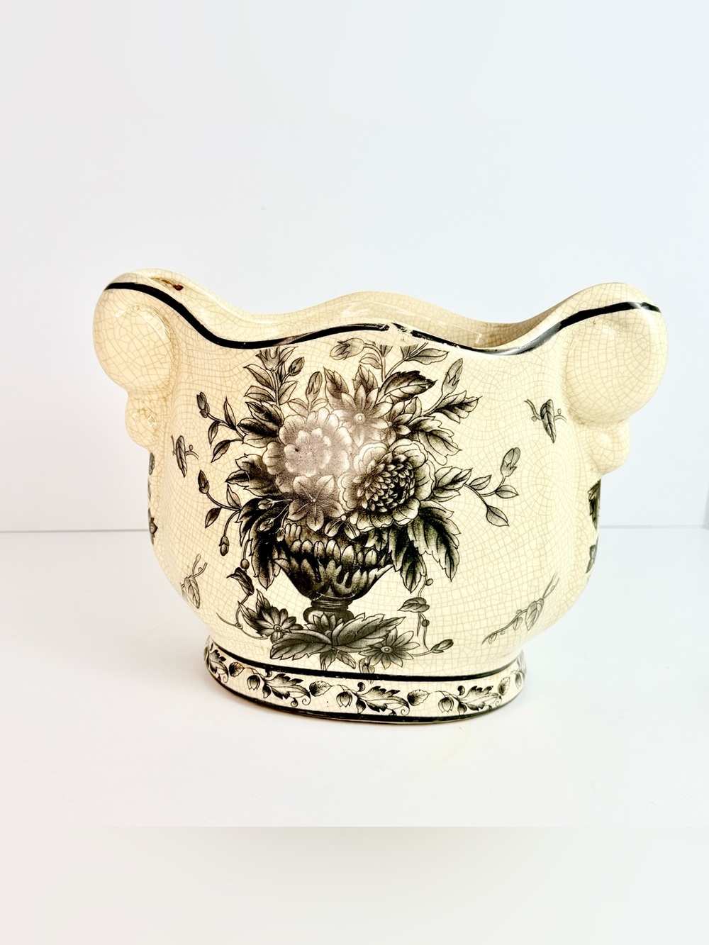 Vintage Porcelain Jardinière Cache-Pot/Palnter Vase Footed Cream &Black Florals